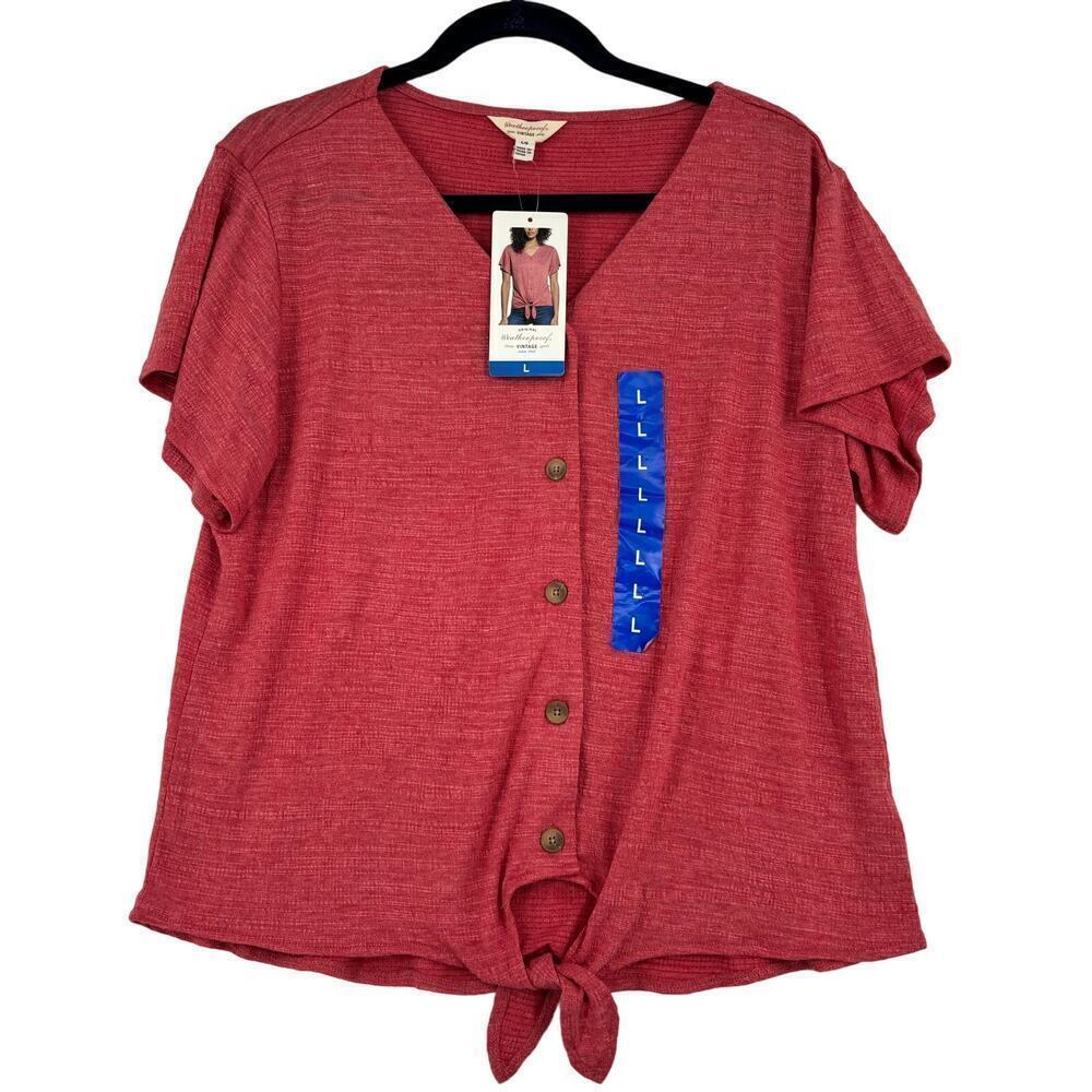 Weatherproof Tie Hem Blouse Size L Red Cherry Heather Textured Knit Short Sleeve